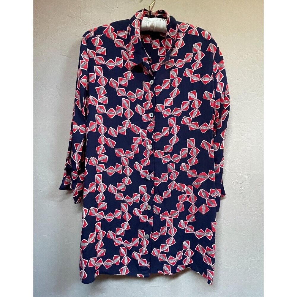Vintage Retro Loco Lindo Navy Blue Red Button Down 3/4 Sleeve Shirt Size Medium